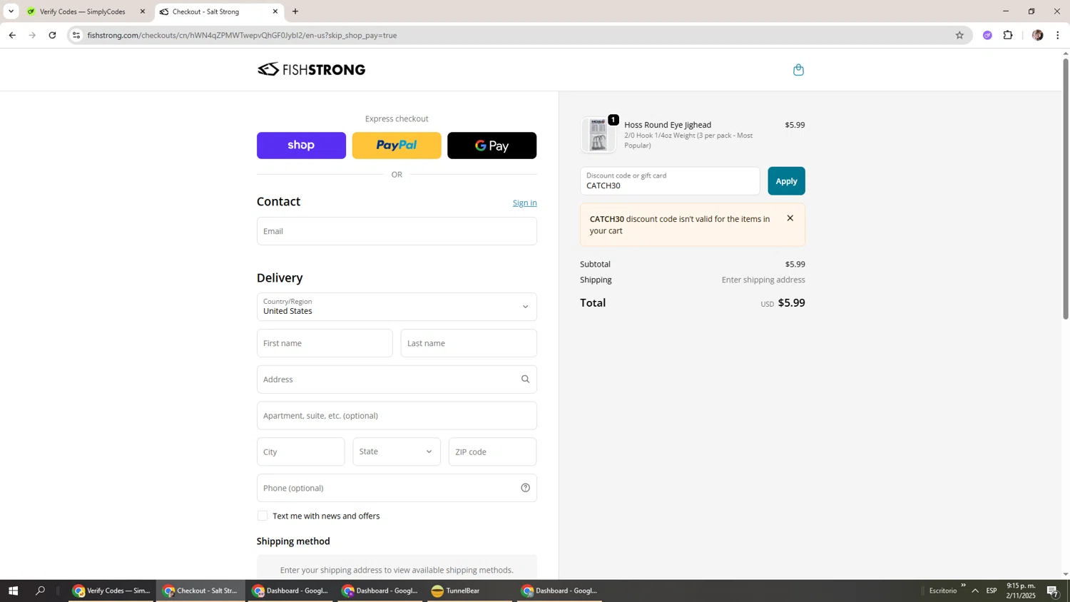 Salt Strong Tackle Shop promo code screenshot showing code CATCH30 applied at Salt Strong Tackle Shop checkout page. Uploaded by SimplyCodes community member Levi_Ackerman on Nov 3, 2025