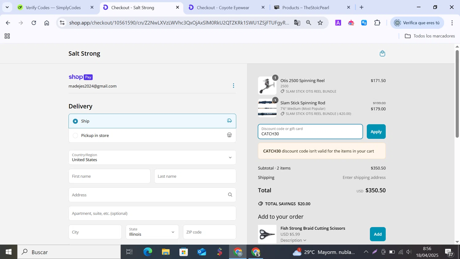 Salt Strong Tackle Shop promo code screenshot showing code CATCH30 applied at Salt Strong Tackle Shop checkout page. Uploaded by SimplyCodes community member MANUELURBINA on Apr 18, 2025