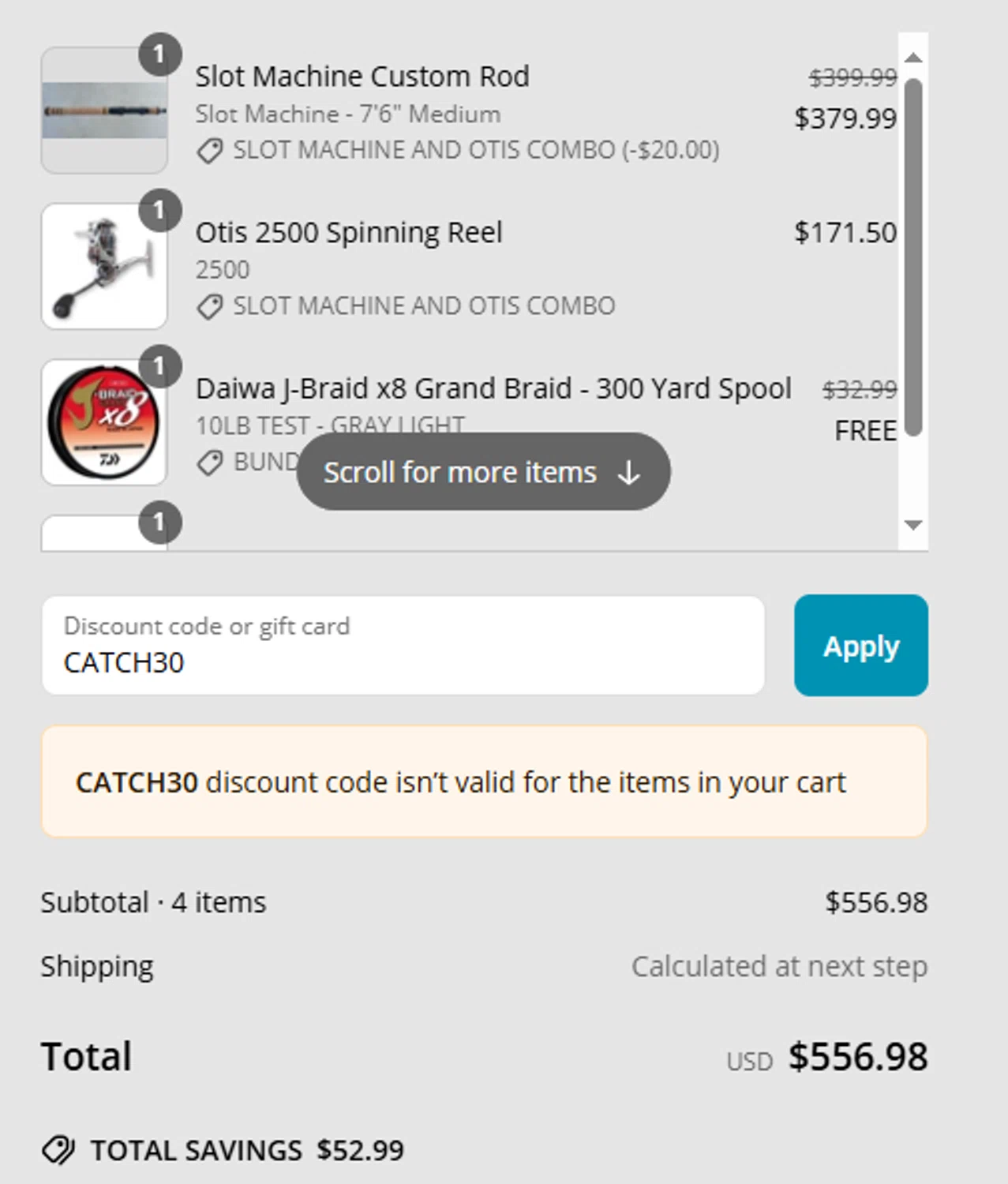 Salt Strong Tackle Shop promo code screenshot showing code CATCH30 applied at Salt Strong Tackle Shop checkout page. Uploaded by SimplyCodes community member Sweety2020 on May 24, 2025