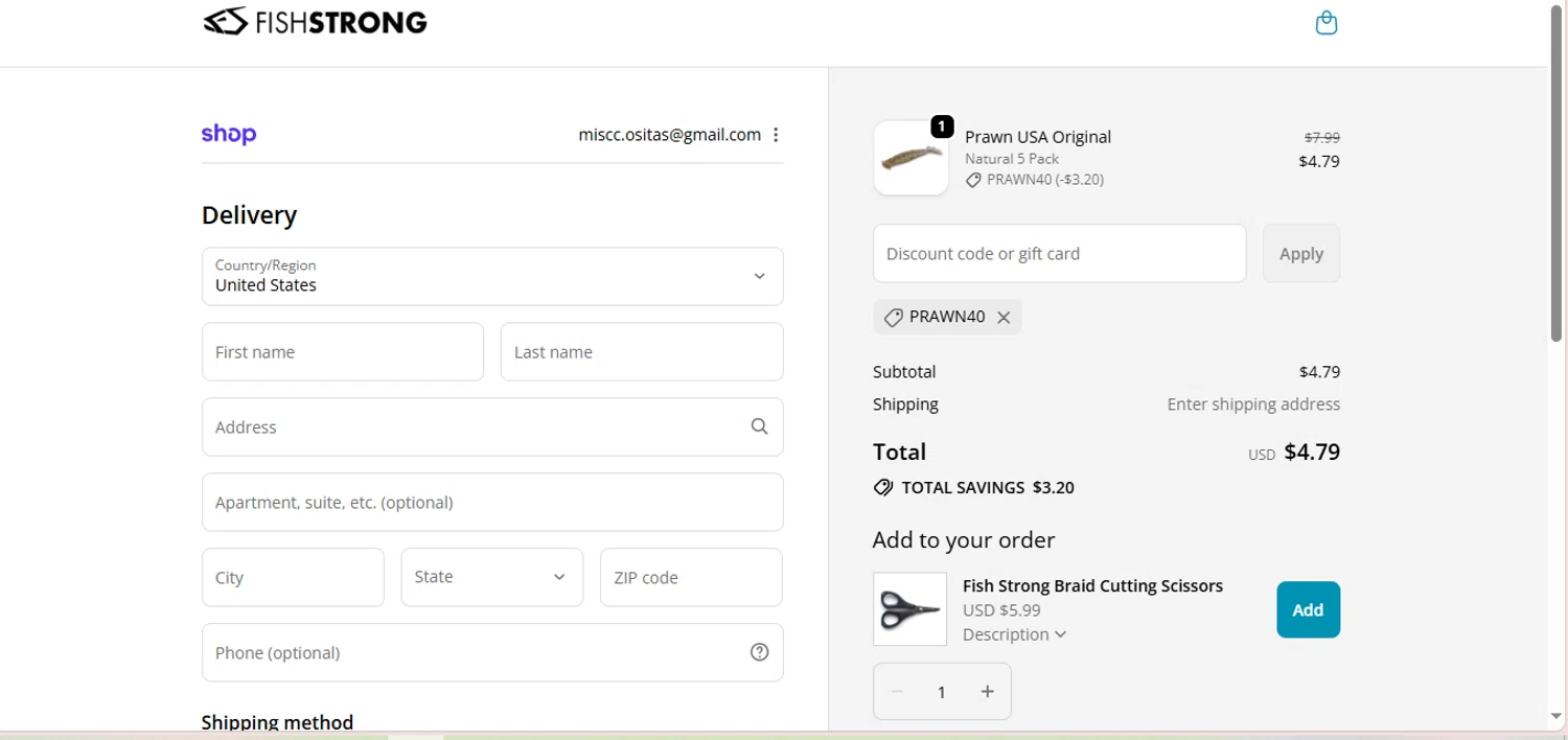 Salt Strong Tackle Shop promo code screenshot showing code PRAWN40 applied at Salt Strong Tackle Shop checkout page. Uploaded by SimplyCodes community member BrilliantFalcon6936 on Oct 15, 2025