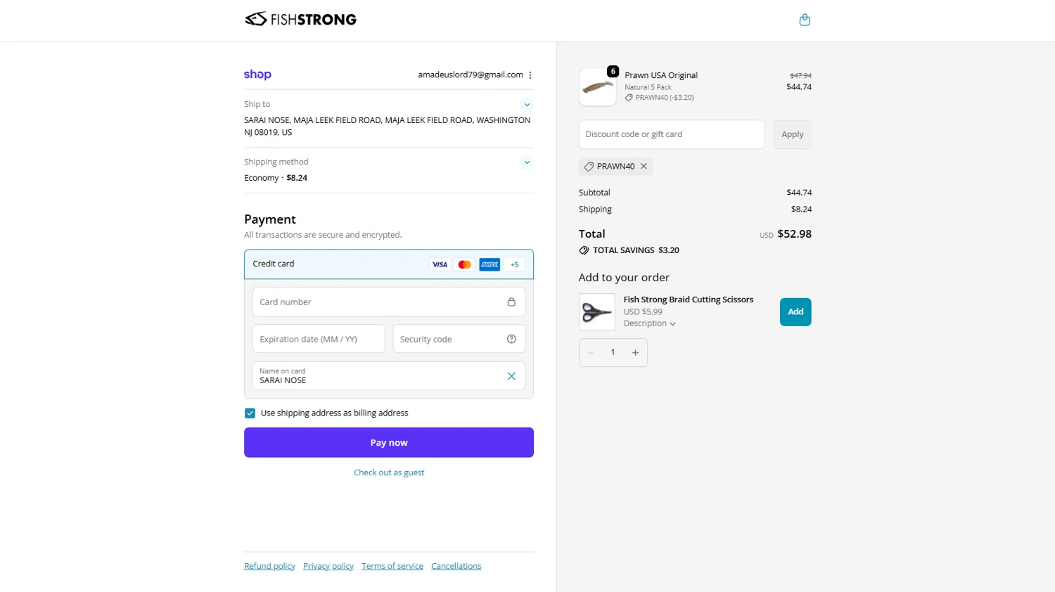 Salt Strong Tackle Shop promo code screenshot showing code PRAWN40 applied at Salt Strong Tackle Shop checkout page. Uploaded by SimplyCodes community member PANDITA on Oct 7, 2025
