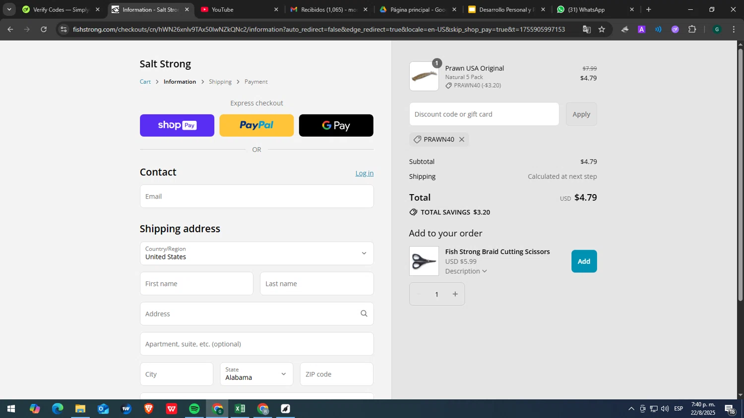 Salt Strong Tackle Shop promo code screenshot showing code PRAWN40 applied at Salt Strong Tackle Shop checkout page. Uploaded by SimplyCodes community member yasabesssss on Aug 22, 2025