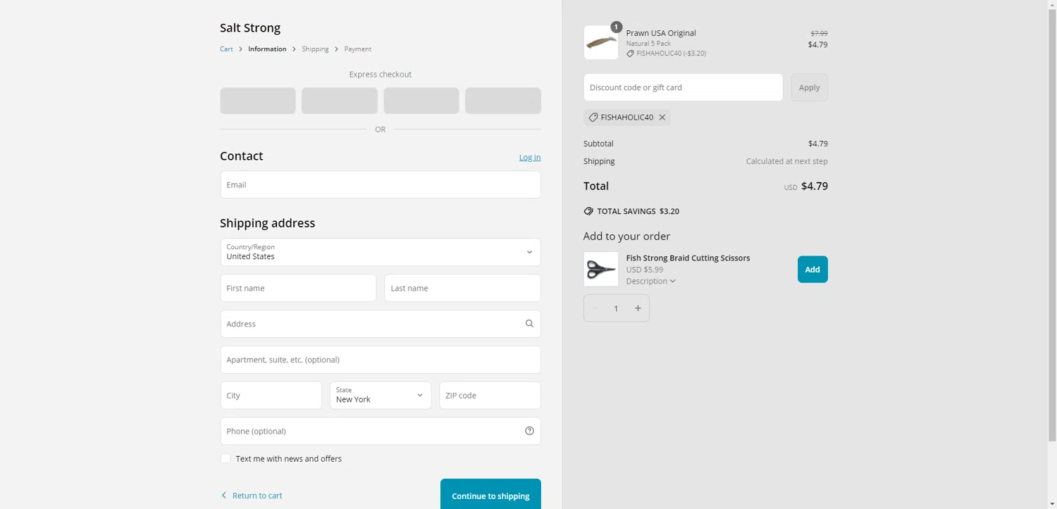 Salt Strong Tackle Shop promo code screenshot showing code FISHAHOLIC40 applied at Salt Strong Tackle Shop checkout page. Uploaded by SimplyCodes community member CashSentinel5495 on May 14, 2025