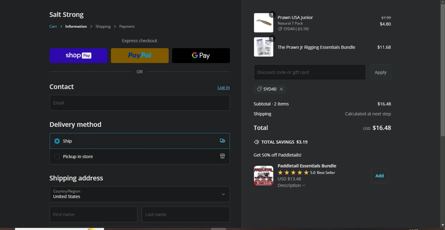 Salt Strong Tackle Shop promo code screenshot showing code SYD40 applied at Salt Strong Tackle Shop checkout page. Uploaded by SimplyCodes community member Pollofrito on Feb 12, 2025