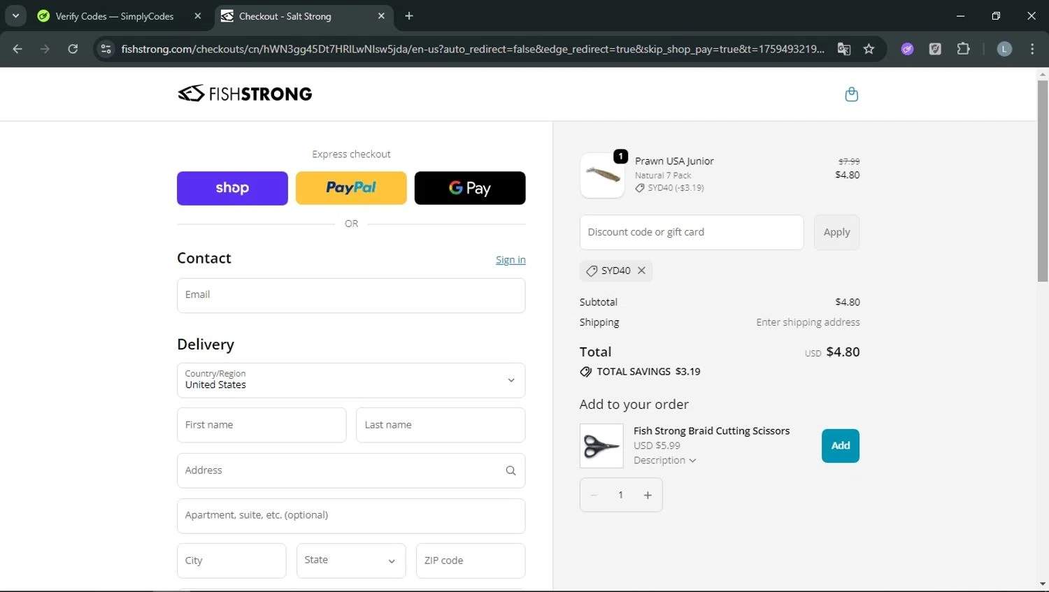 Salt Strong Tackle Shop promo code screenshot showing code SYD40 applied at Salt Strong Tackle Shop checkout page. Uploaded by SimplyCodes community member RoyalOwl5790 on Oct 3, 2025