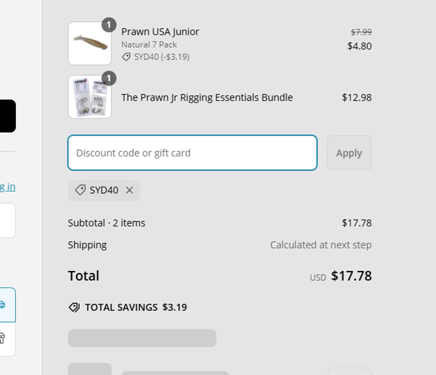 Salt Strong Tackle Shop promo code screenshot showing code SYD40 applied at Salt Strong Tackle Shop checkout page. Uploaded by SimplyCodes community member SilverMonarch6357 on Mar 13, 2025