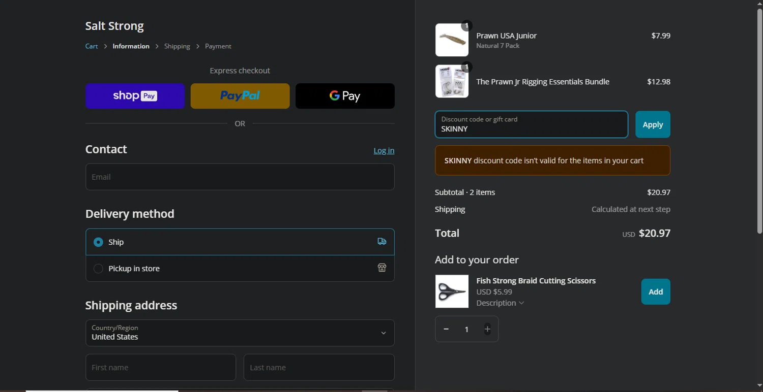 Salt Strong Tackle Shop promo code screenshot showing code SKINNY applied at Salt Strong Tackle Shop checkout page. Uploaded by SimplyCodes community member Pollofrito on Mar 13, 2025