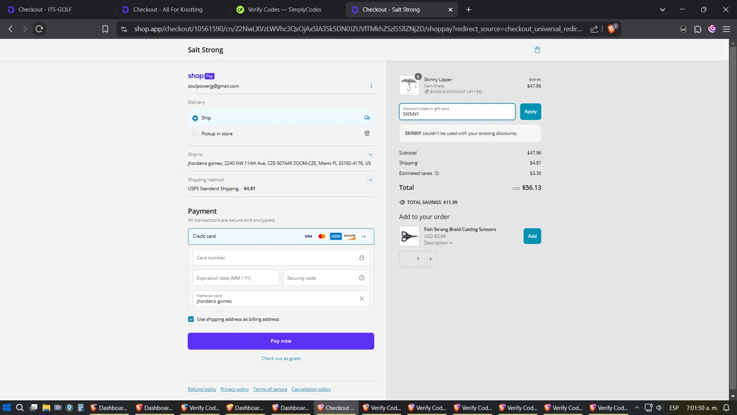 Salt Strong Tackle Shop promo code screenshot showing code SKINNY applied at Salt Strong Tackle Shop checkout page. Uploaded by SimplyCodes community member Phoenix on Mar 13, 2025