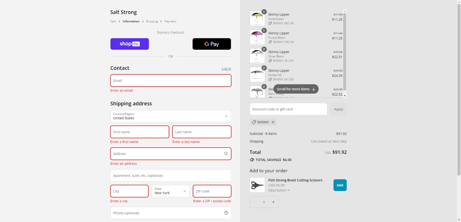 Salt Strong Tackle Shop promo code screenshot showing code SKINNY applied at Salt Strong Tackle Shop checkout page. Uploaded by SimplyCodes community member ValiantAce1810 on Aug 9, 2025