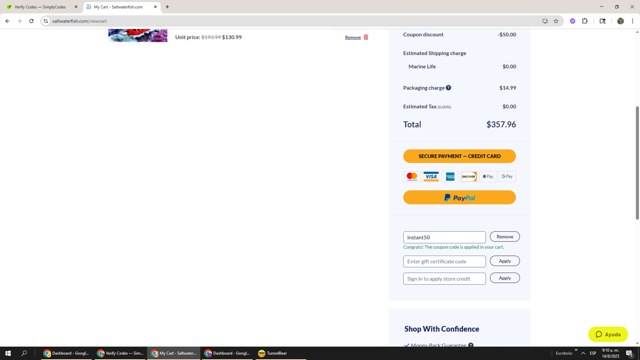 SaltWaterFish checkout page showing SaltWaterFish coupon code box | Screenshot taken by SimplyCodes community member on Aug 14, 2025