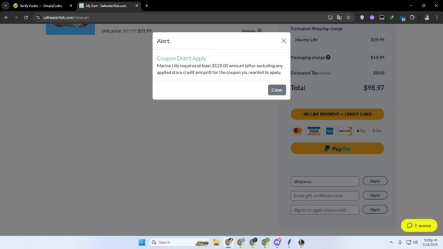 SaltWaterFish checkout page showing SaltWaterFish coupon code box | Screenshot taken by SimplyCodes community member on Aug 11, 2025