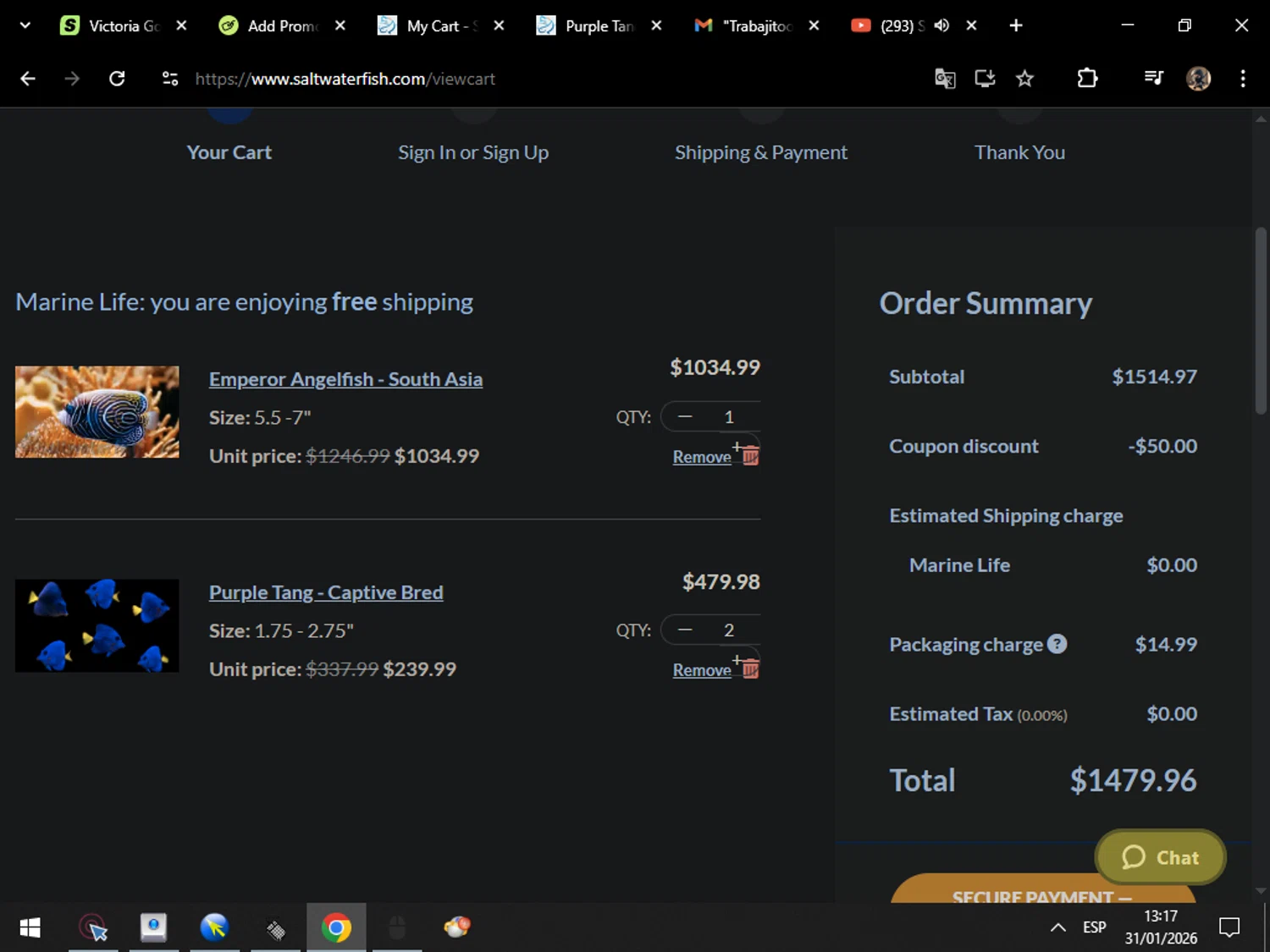 SaltWaterFish promo code screenshot showing code instant50 applied at SaltWaterFish checkout page. Uploaded by SimplyCodes community member MarcosAranguren on Jan 31, 2026