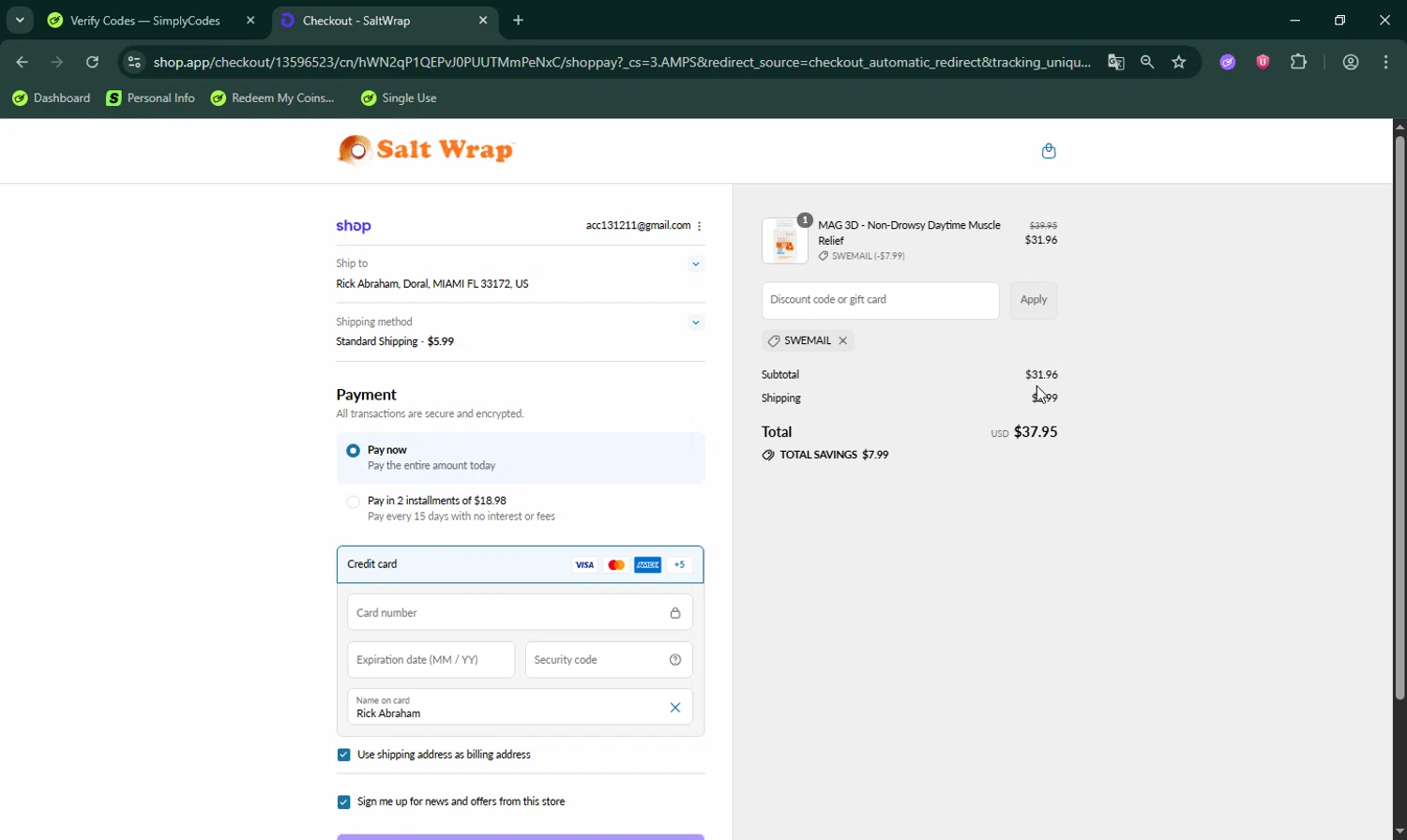 SaltWrap discount code screenshot showing code SWEMAIL applied at SaltWrap checkout page. Uploaded by SimplyCodes community member LHaunter on Sep 11, 2025