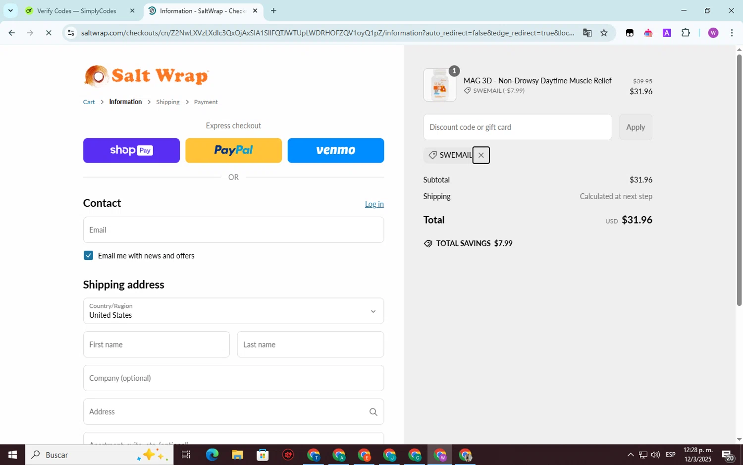 SaltWrap discount code screenshot showing code SWEMAIL applied at SaltWrap checkout page. Uploaded by SimplyCodes community member SwiftScout6682 on Mar 12, 2025