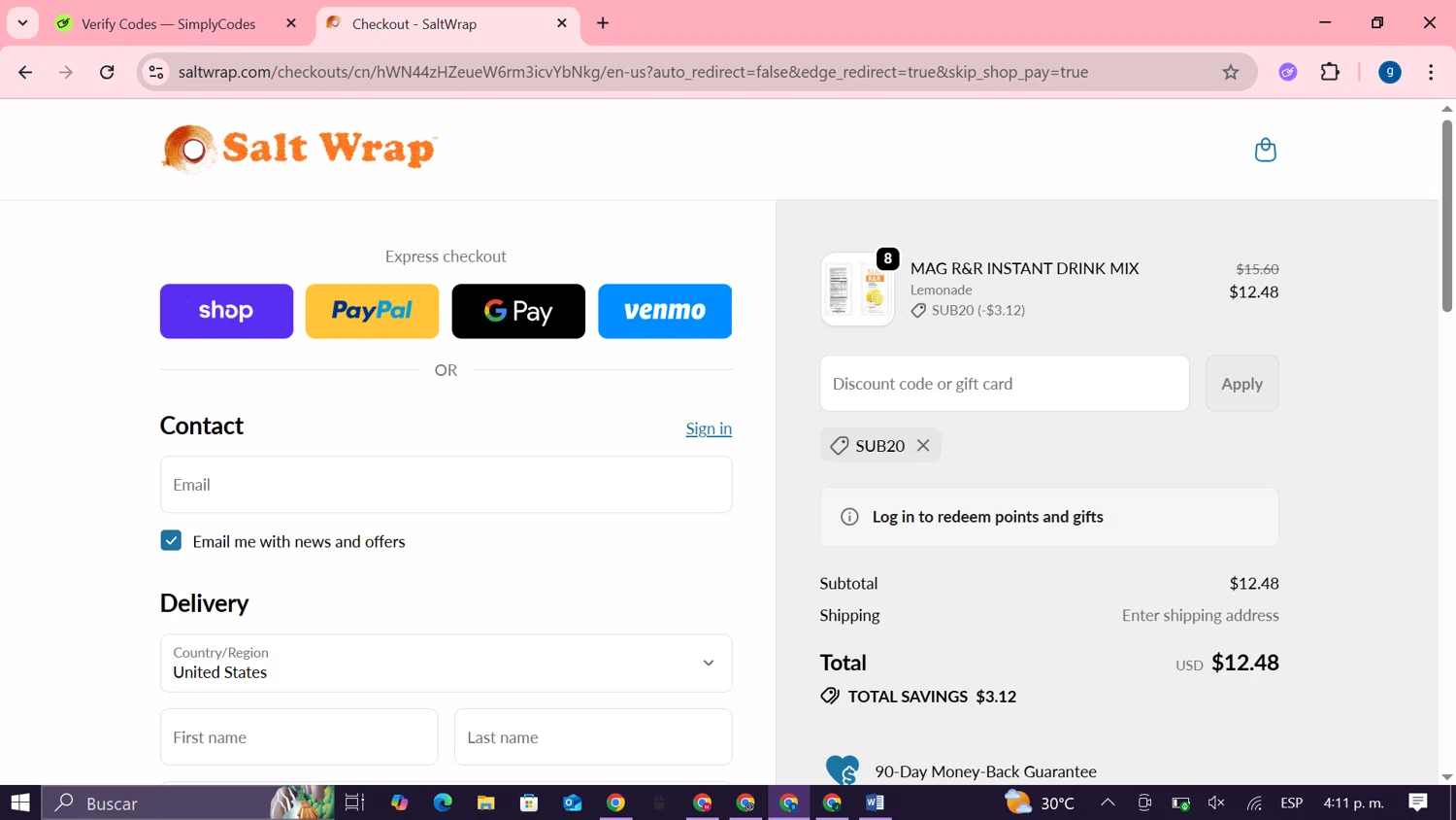 SaltWrap discount code screenshot showing code SUB20 applied at SaltWrap checkout page. Uploaded by SimplyCodes community member MoneyTiger7289 on Oct 13, 2025