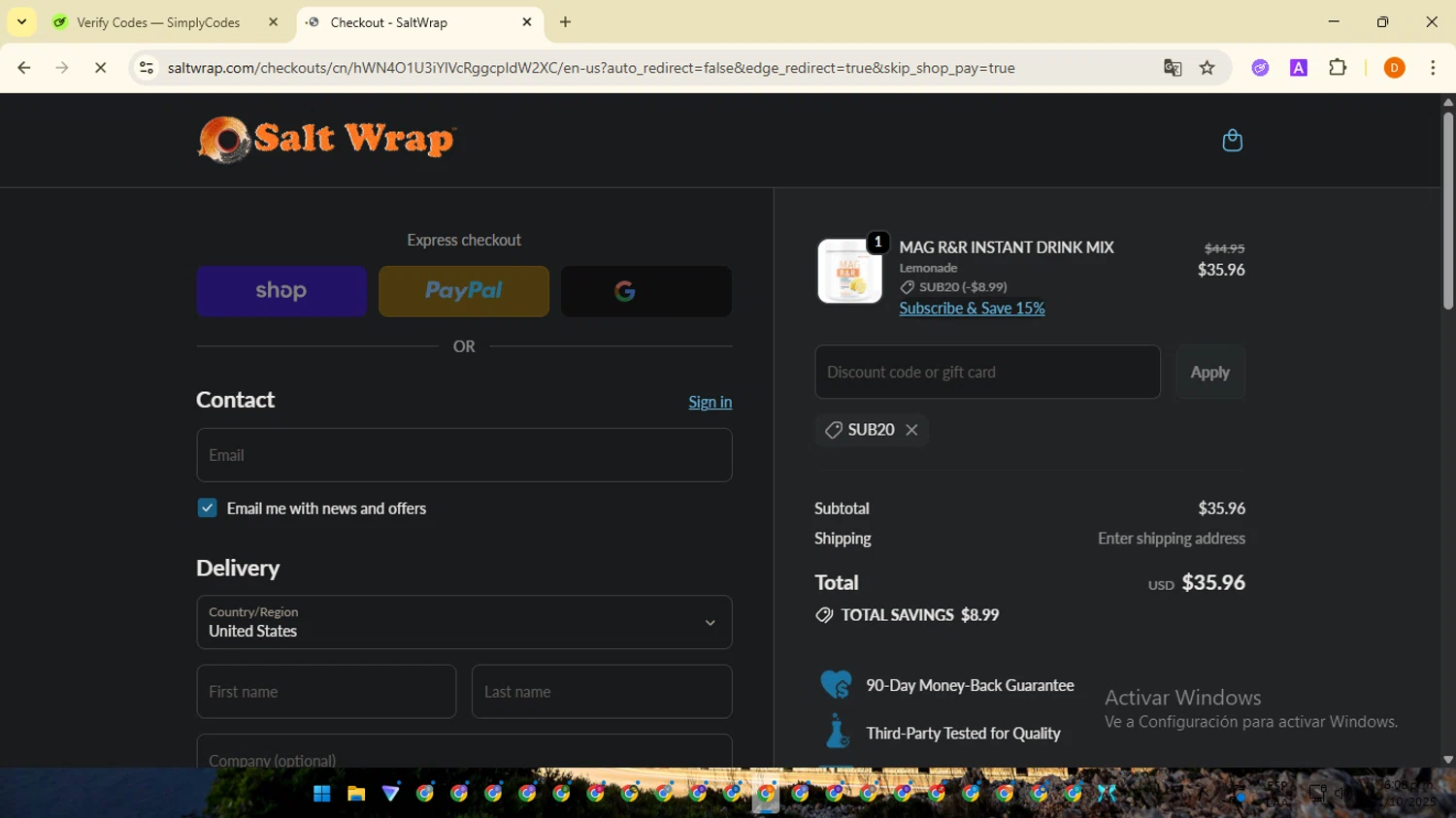 SaltWrap discount code screenshot showing code SUB20 applied at SaltWrap checkout page. Uploaded by SimplyCodes community member SavingsMaverick3203 on Oct 21, 2025