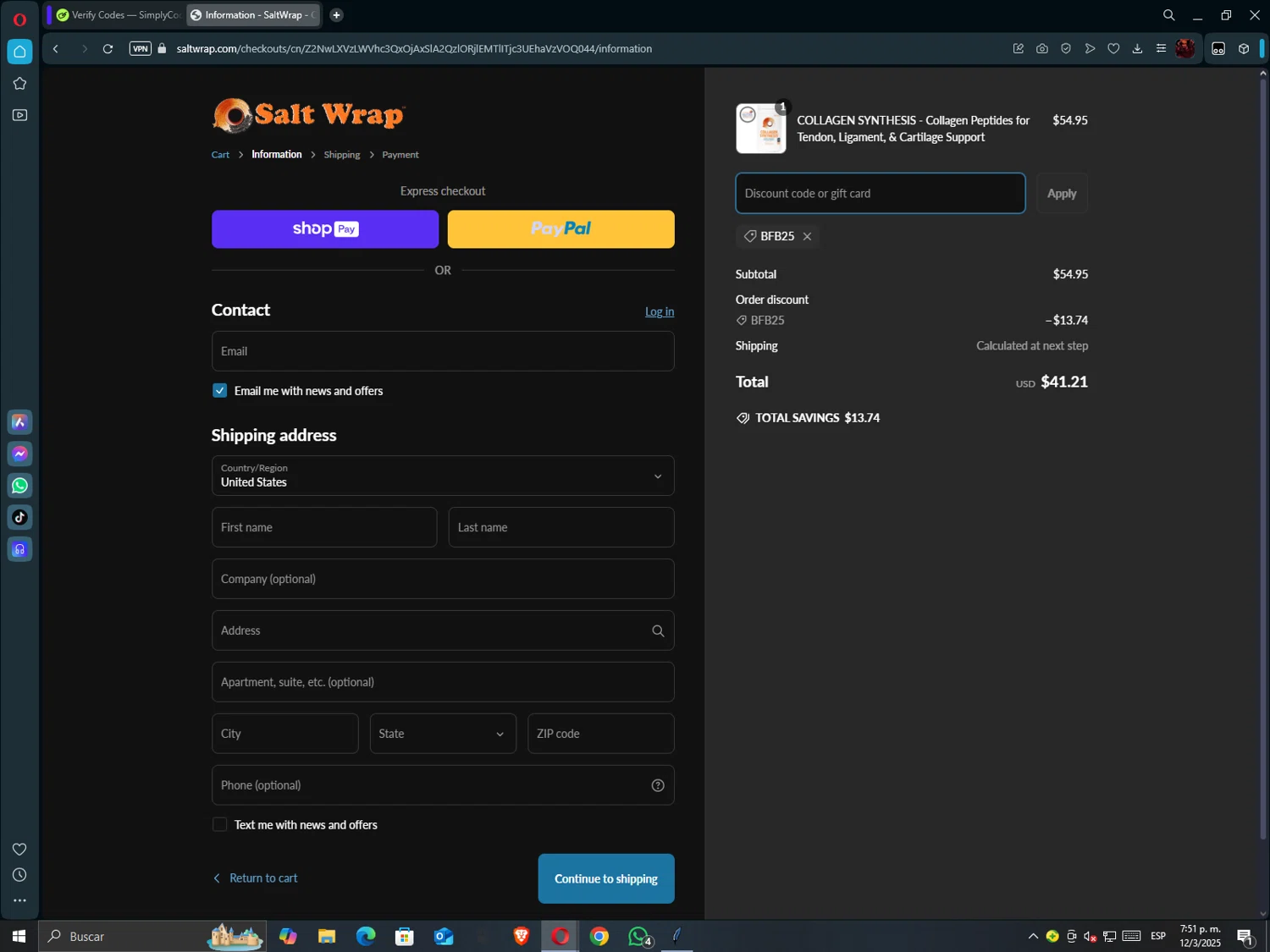 SaltWrap discount code screenshot showing code BFB25 applied at SaltWrap checkout page. Uploaded by SimplyCodes community member hollowknight on Mar 12, 2025