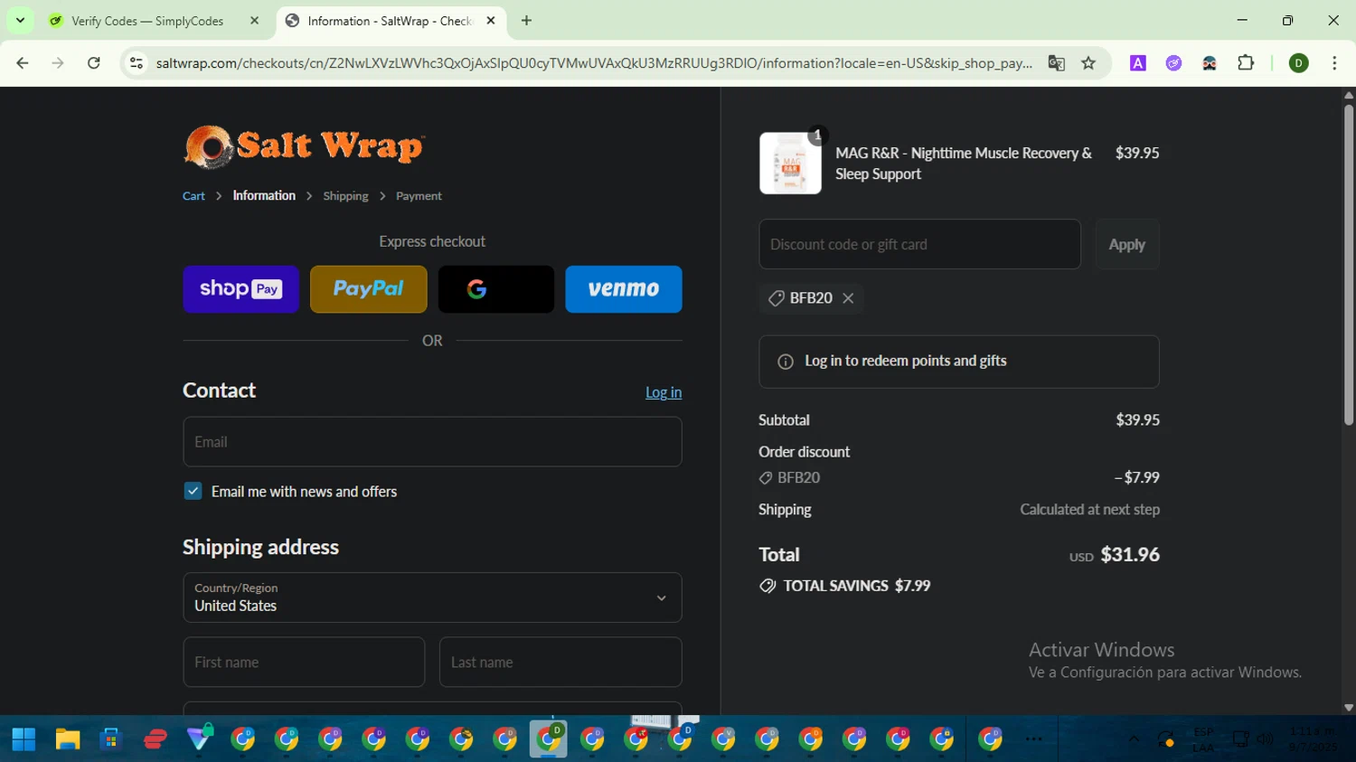 SaltWrap discount code screenshot showing code BFB20 applied at SaltWrap checkout page. Uploaded by SimplyCodes community member BargainGuardian5495 on Jul 9, 2025
