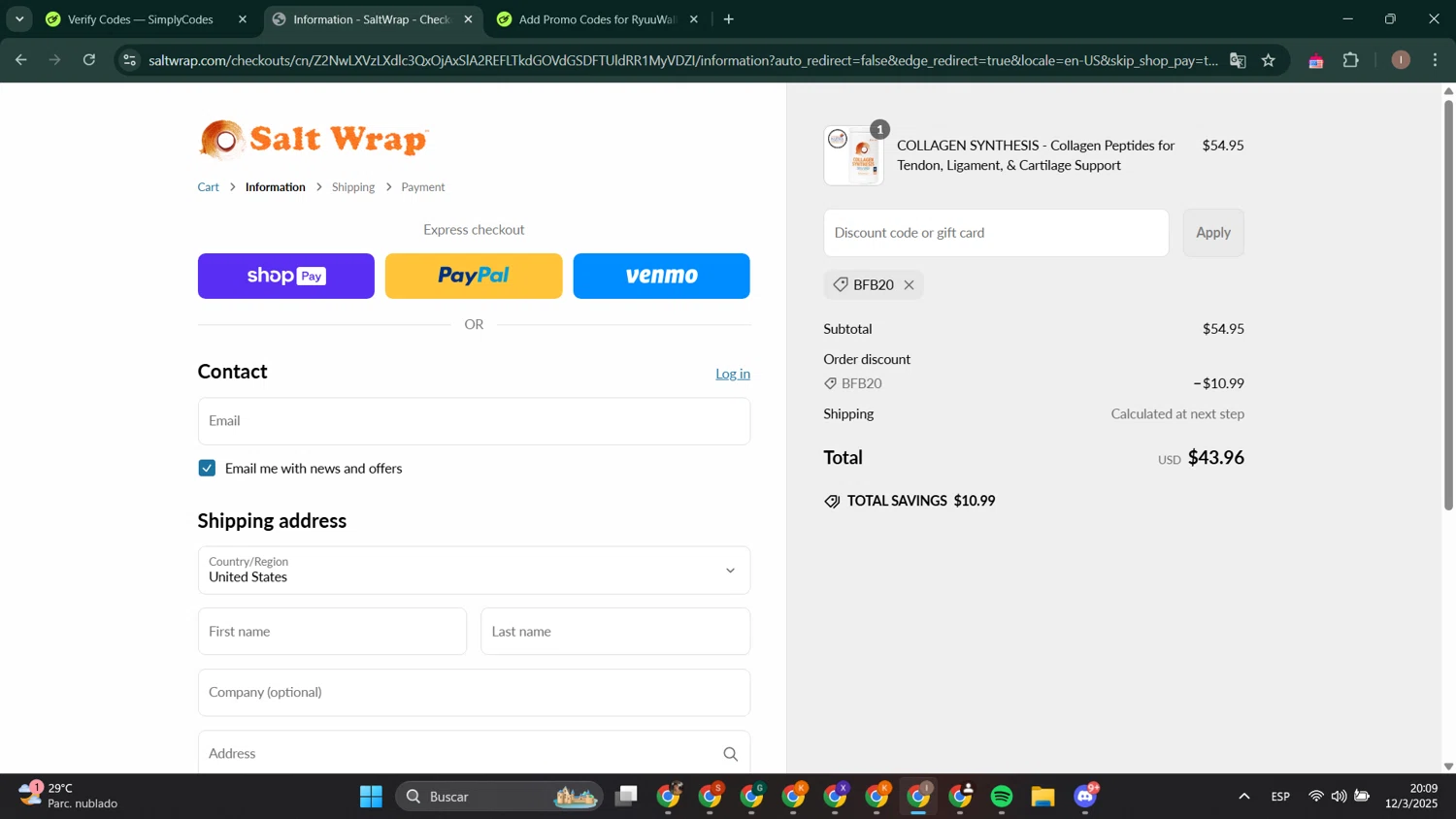 SaltWrap discount code screenshot showing code BFB20 applied at SaltWrap checkout page. Uploaded by SimplyCodes community member RoyalPhoenix2730 on Mar 13, 2025