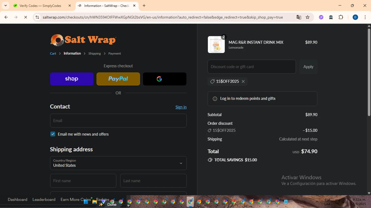 SaltWrap discount code screenshot showing code 15$OFF2025 applied at SaltWrap checkout page. Uploaded by SimplyCodes community member DealVoyager8768 on Sep 17, 2025