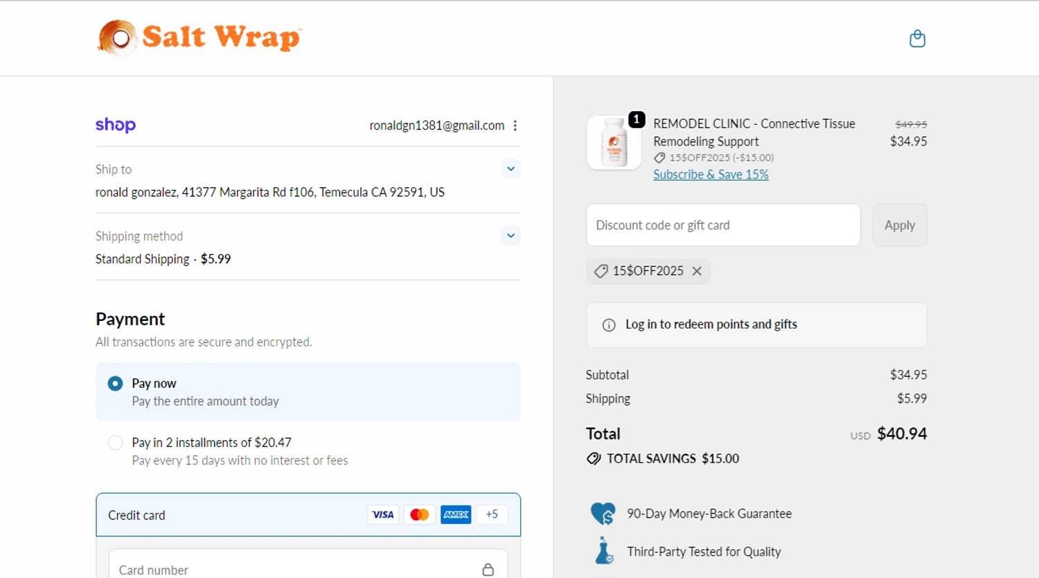 SaltWrap discount code screenshot showing code 15$OFF2025 applied at SaltWrap checkout page. Uploaded by SimplyCodes community member SavvyHawk656 on Oct 21, 2025