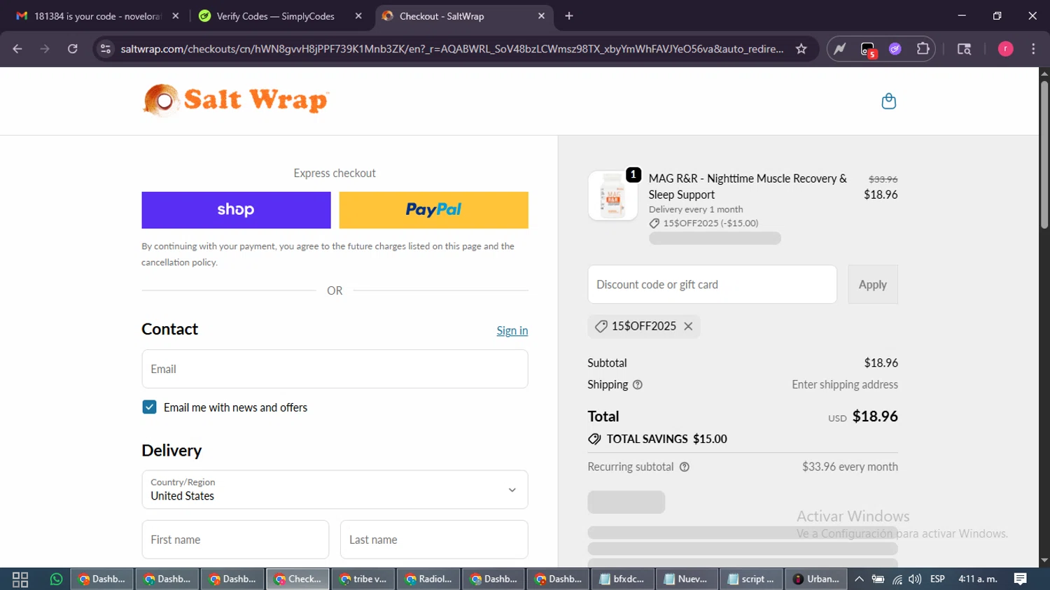 SaltWrap checkout page showing SaltWrap discount code box | Screenshot taken by SimplyCodes community member on Feb 12, 2026