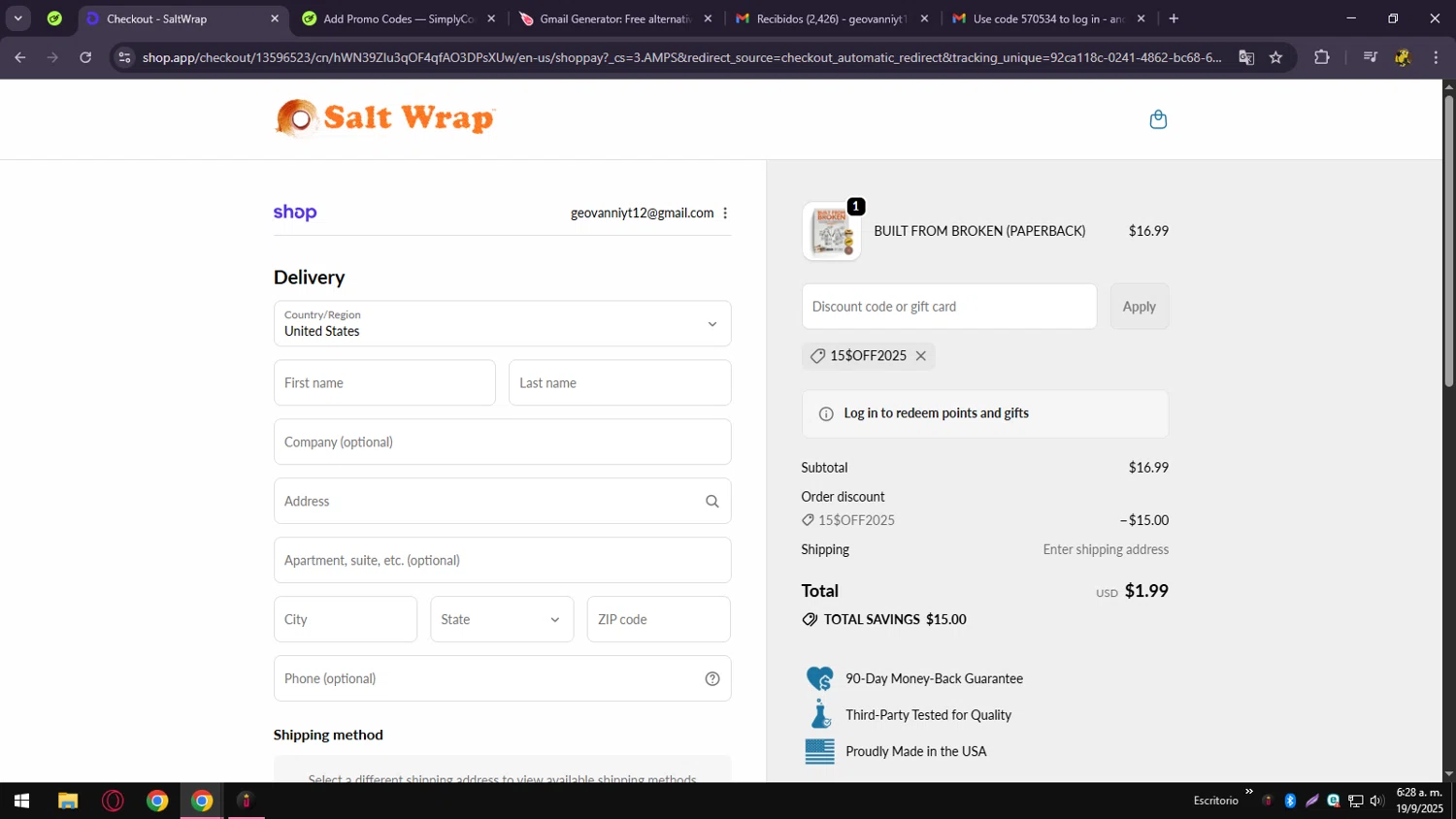 SaltWrap discount code screenshot showing code 15$OFF2025 applied at SaltWrap checkout page. Uploaded by SimplyCodes community member andressssssa on Sep 19, 2025