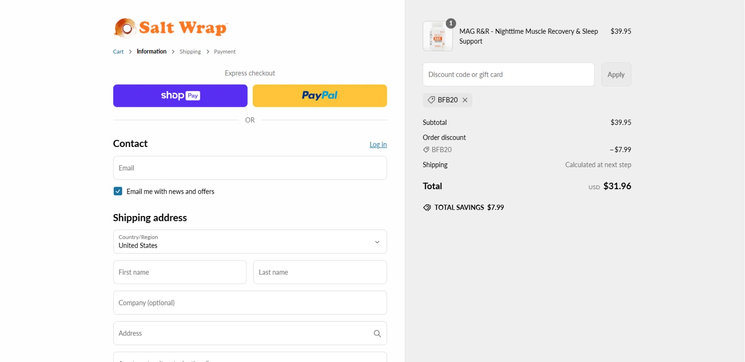 SaltWrap discount code screenshot showing code BFB20 applied at SaltWrap checkout page. Uploaded by SimplyCodes community member dimitriv on Mar 12, 2025