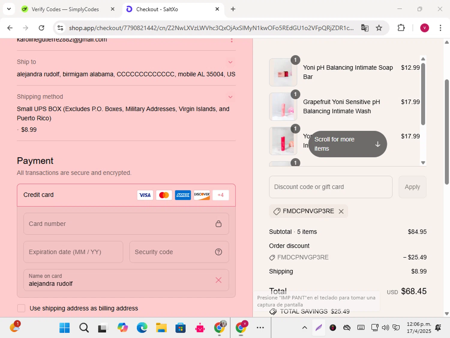 SaltXo discount code screenshot showing code FMDCPNVGP3RE applied at SaltXo checkout page. Uploaded by SimplyCodes community member karoline on Apr 17, 2025