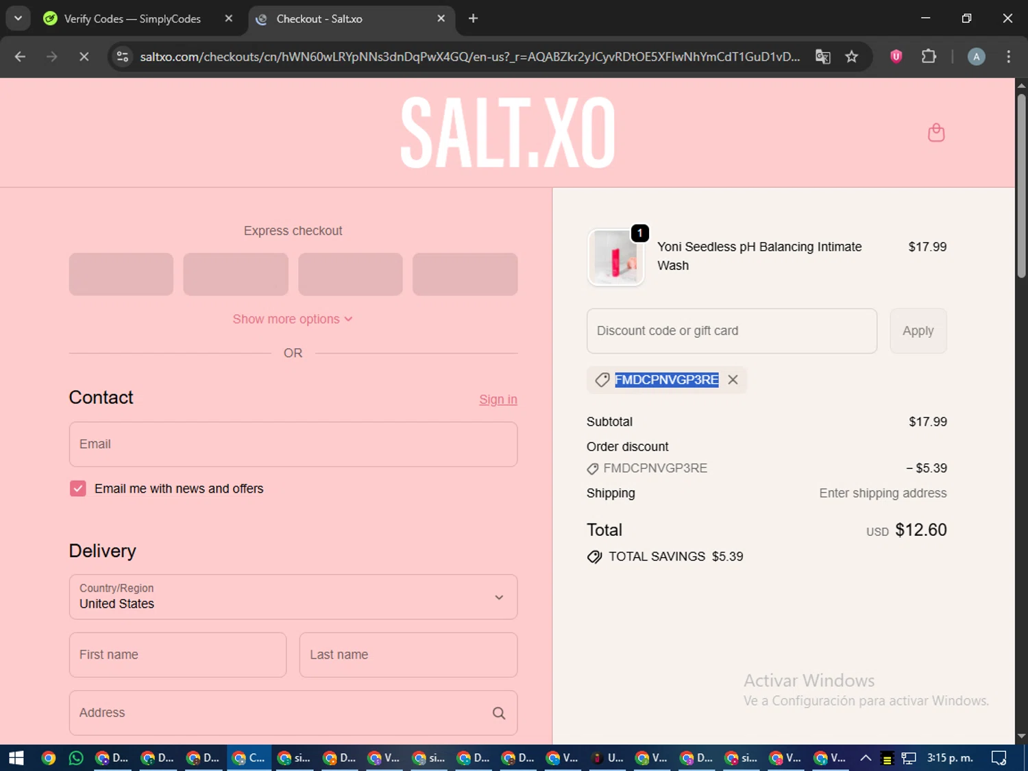 SaltXo discount code screenshot showing code FMDCPNVGP3RE applied at SaltXo checkout page. Uploaded by SimplyCodes community member trippieredd on Dec 3, 2025