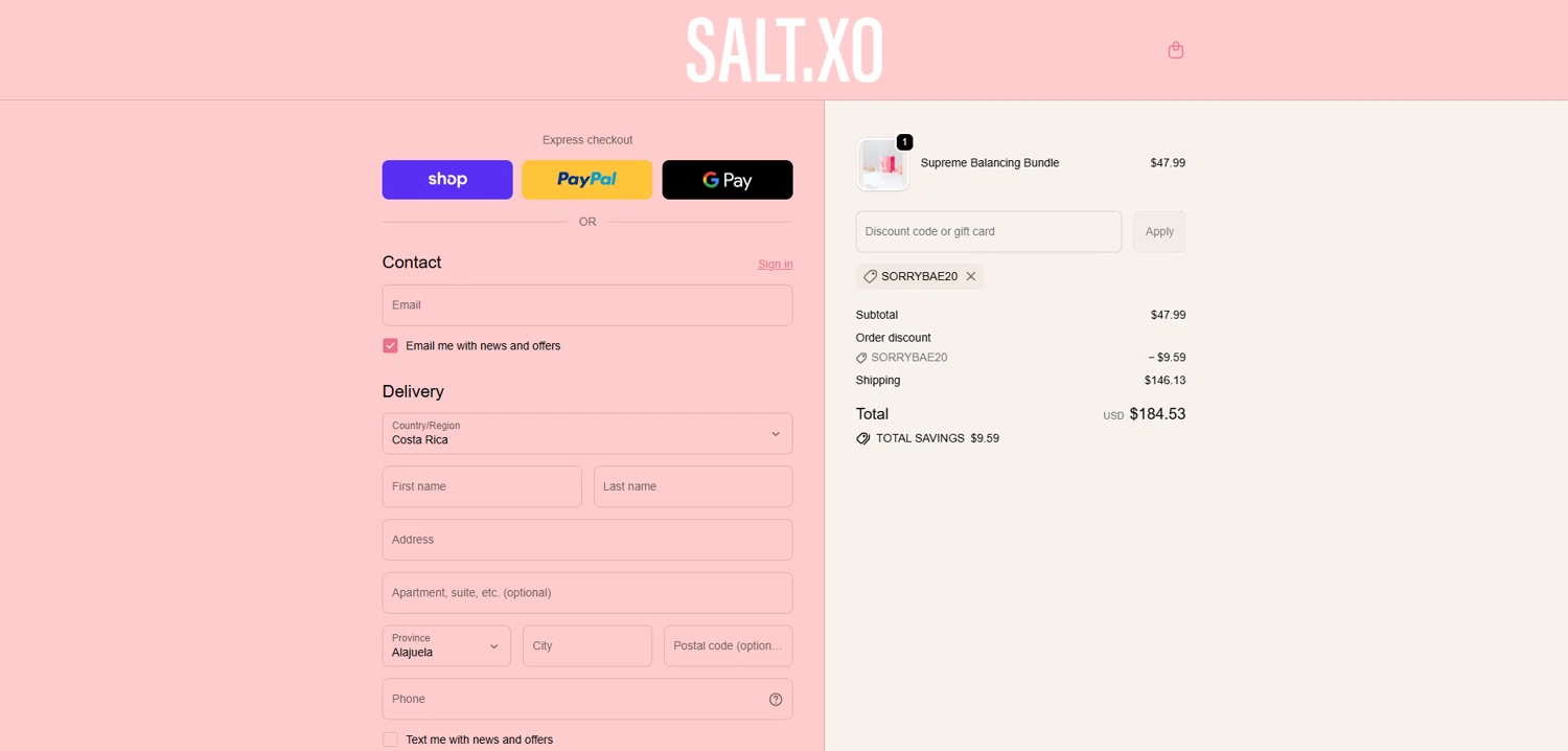 SaltXo discount code screenshot showing code Sorrybae20 applied at SaltXo checkout page. Uploaded by SimplyCodes community member Dorothy on Oct 23, 2025