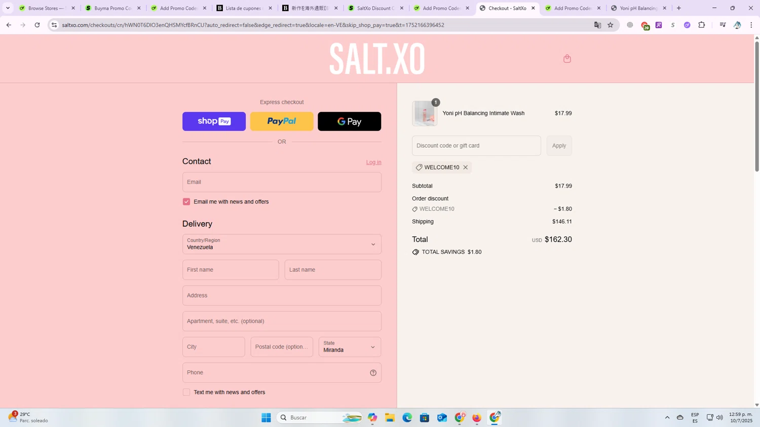 SaltXo discount code screenshot showing code WELCOME10 applied at SaltXo checkout page. Uploaded by SimplyCodes community member OriCarol on Jul 10, 2025