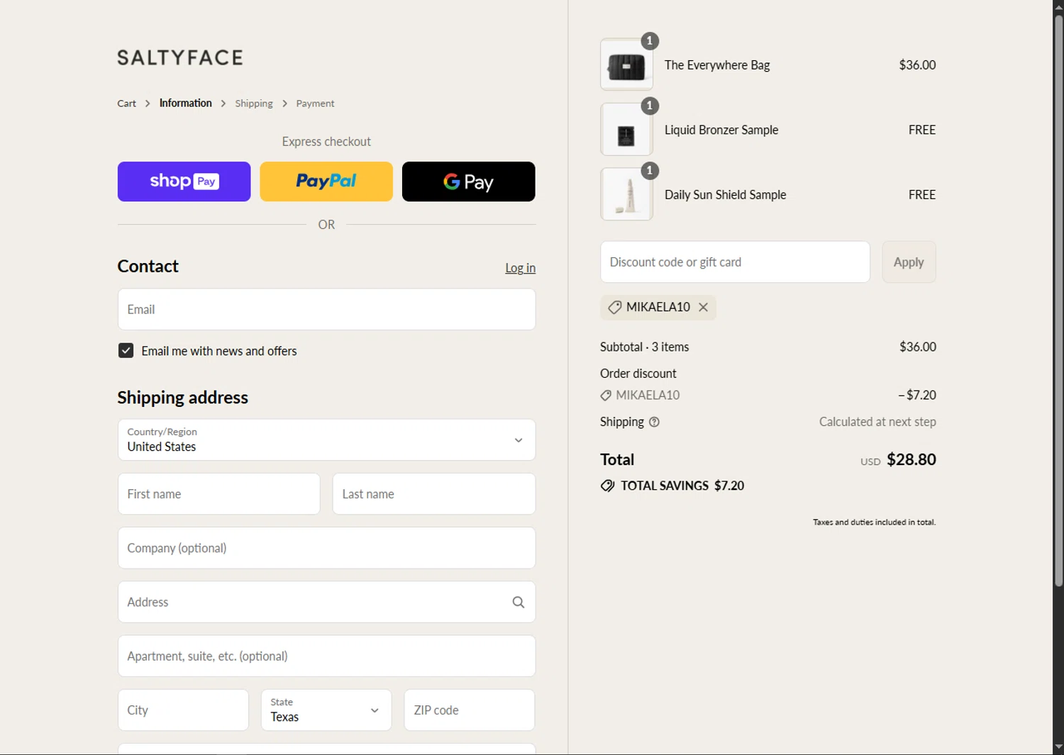 Saltyface discount code screenshot showing code MIKAELA10 applied at Saltyface checkout page. Uploaded by SimplyCodes community member BargainSaver8204 on Aug 15, 2025