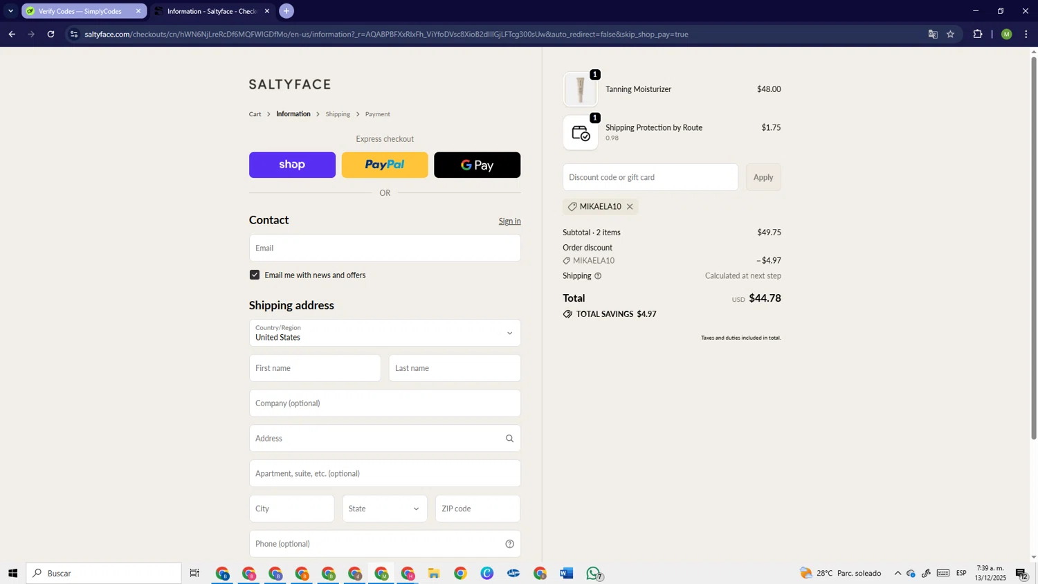 Saltyface discount code screenshot showing code MIKAELA10 applied at Saltyface checkout page. Uploaded by SimplyCodes community member PrimeSage6924 on Dec 13, 2025