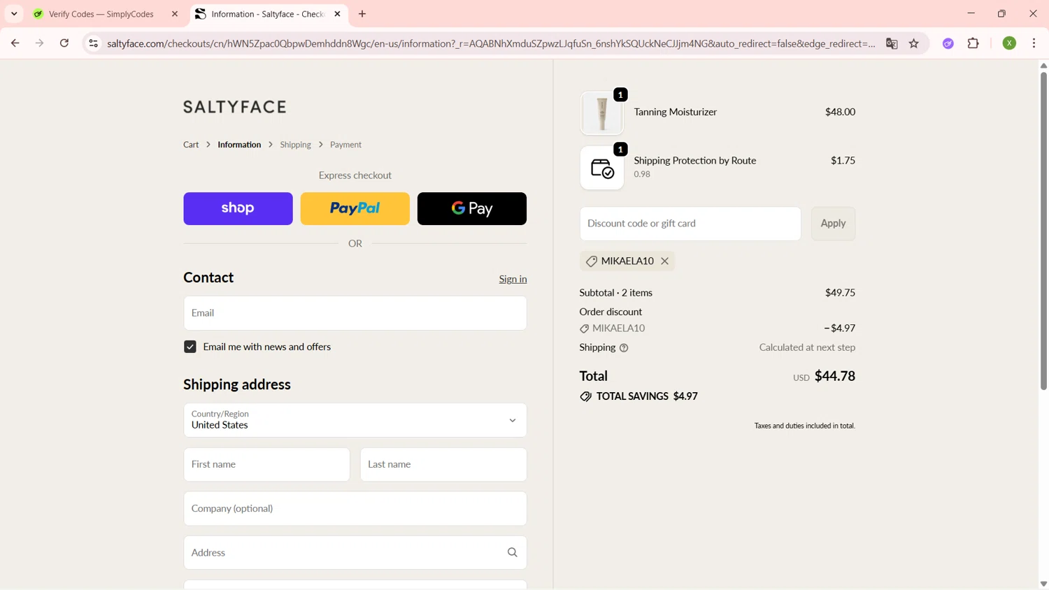Saltyface discount code screenshot showing code MIKAELA10 applied at Saltyface checkout page. Uploaded by SimplyCodes community member SaleTiger1087 on Nov 22, 2025
