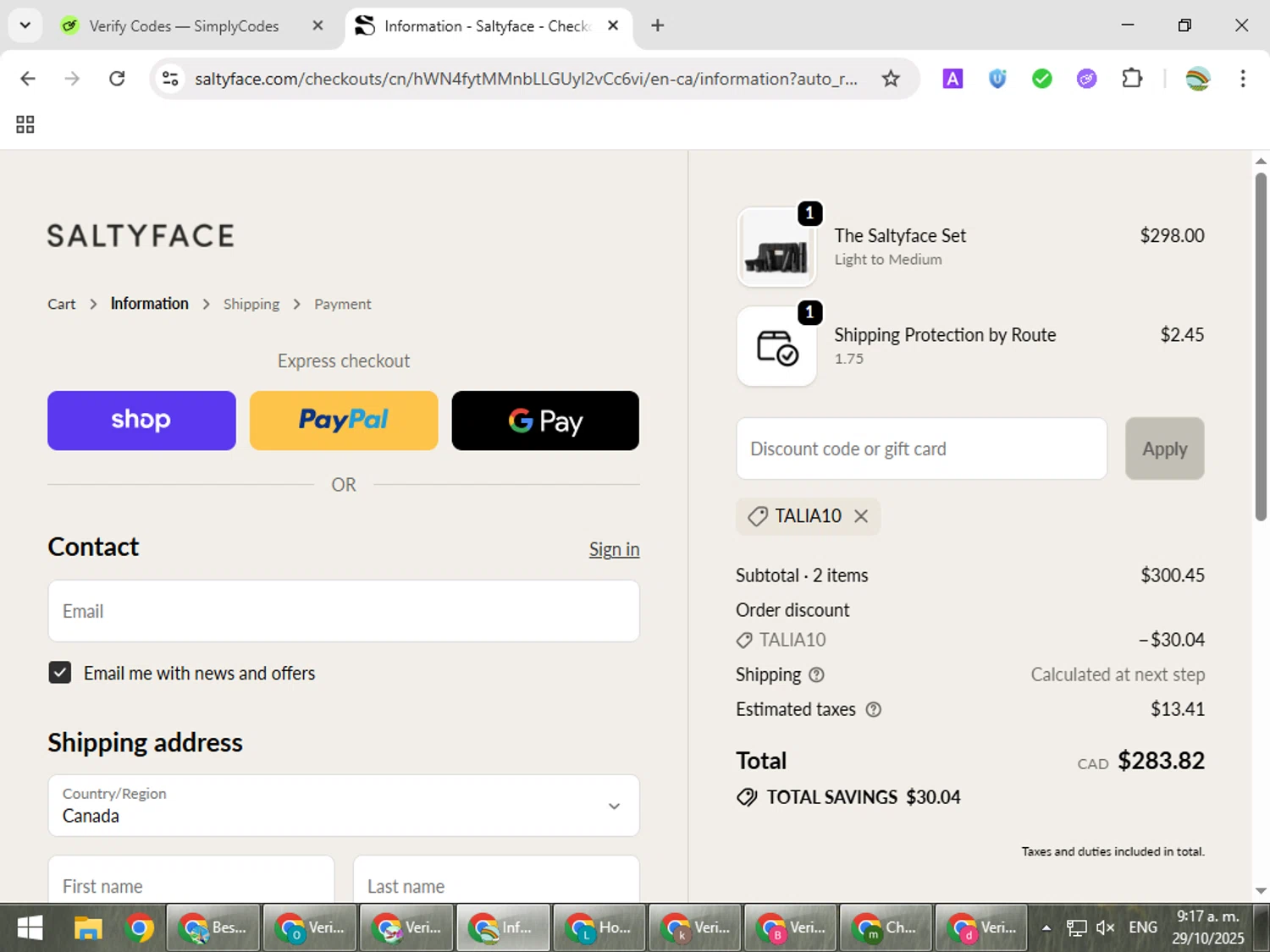 Saltyface discount code screenshot showing code TALIA10 applied at Saltyface checkout page. Uploaded by SimplyCodes community member CoinMaven5220 on Oct 29, 2025