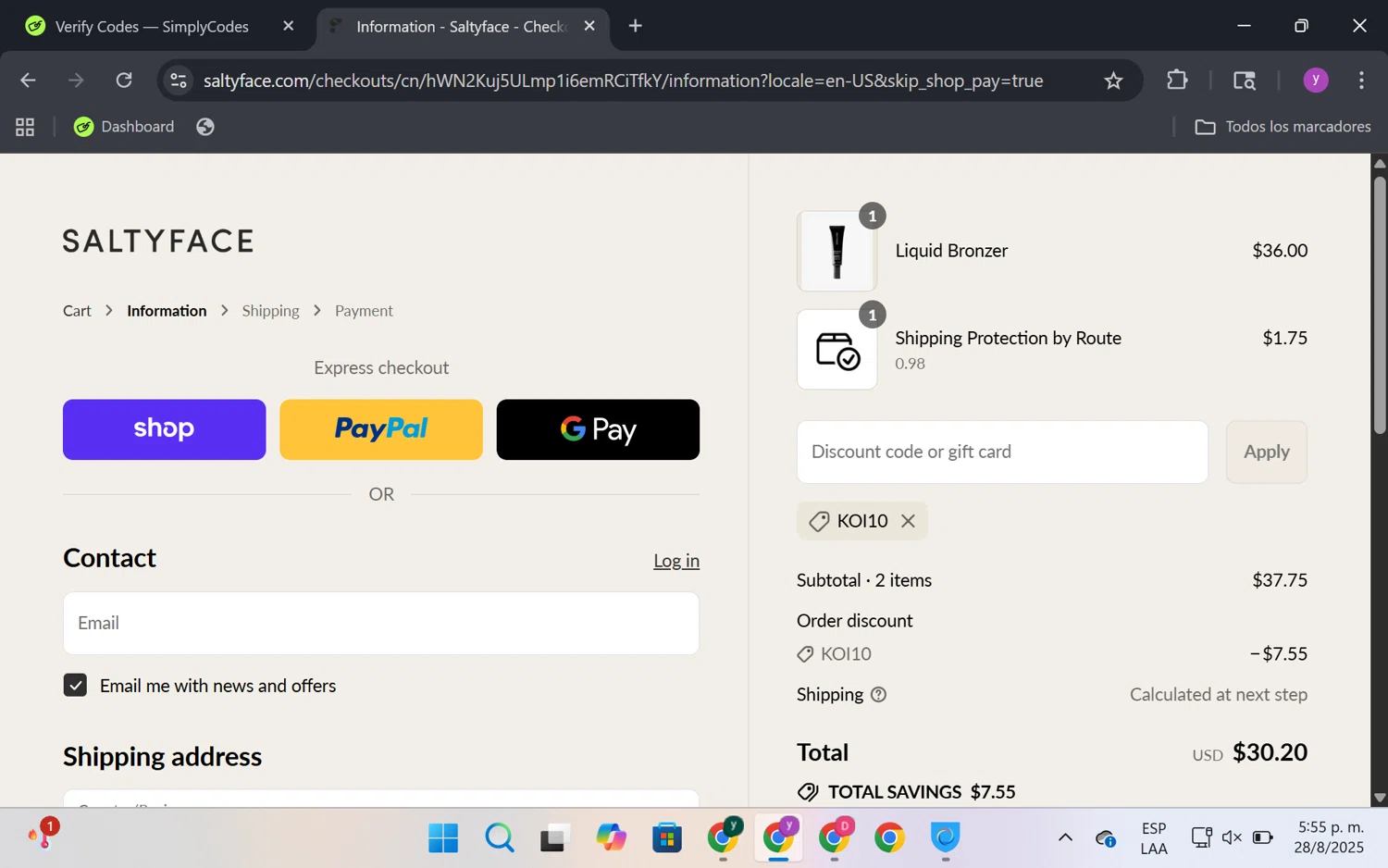 Saltyface discount code screenshot showing code KOI10 applied at Saltyface checkout page. Uploaded by SimplyCodes community member FrugalKnight6753 on Aug 28, 2025