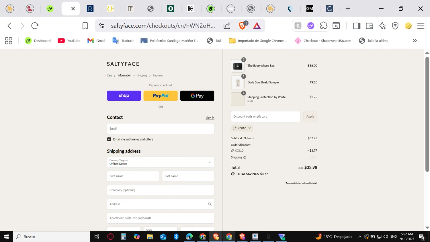 Saltyface discount code screenshot showing code KOI10 applied at Saltyface checkout page. Uploaded by SimplyCodes community member conorgrey on Sep 10, 2025