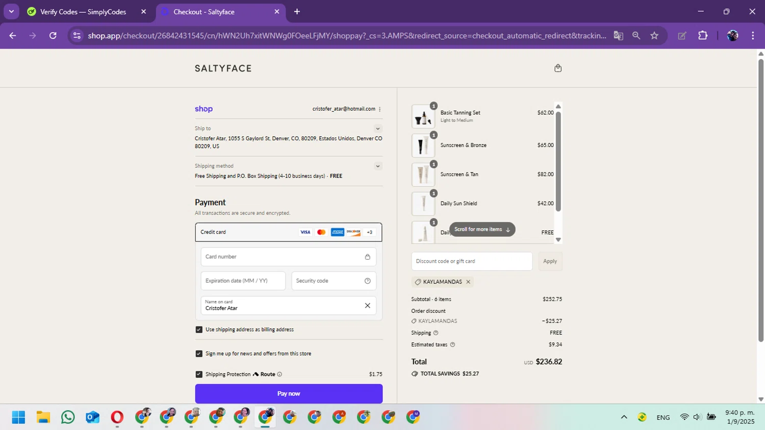 Saltyface discount code screenshot showing code KAYLAMANDAS applied at Saltyface checkout page. Uploaded by SimplyCodes community member Marielis on Sep 2, 2025