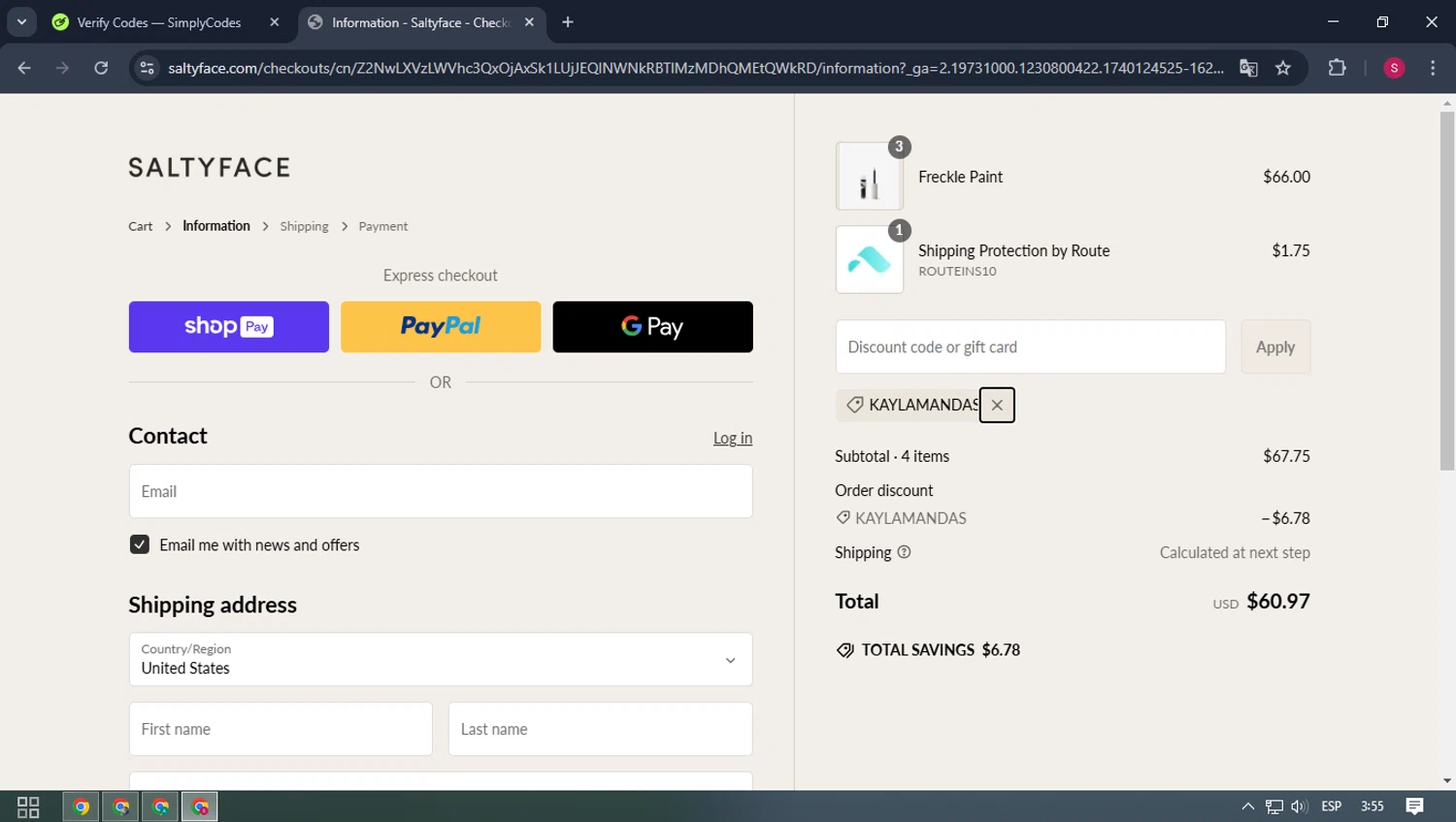 Saltyface discount code screenshot showing code KAYLAMANDAS applied at Saltyface checkout page. Uploaded by SimplyCodes community member ELMORADO on Feb 21, 2025