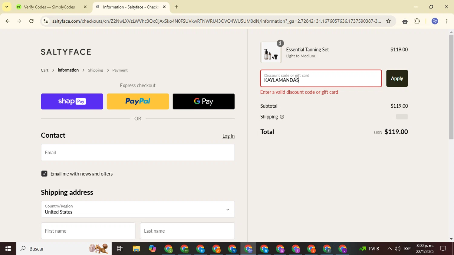 Saltyface discount code screenshot showing code KAYLAMANDAS applied at Saltyface checkout page. Uploaded by SimplyCodes community member FrugalOwl962 on Jan 23, 2025