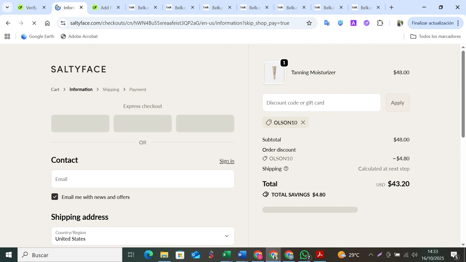 Saltyface discount code screenshot showing code OLSON10 applied at Saltyface checkout page. Uploaded by SimplyCodes community member NobleMonarch5837 on Oct 16, 2025