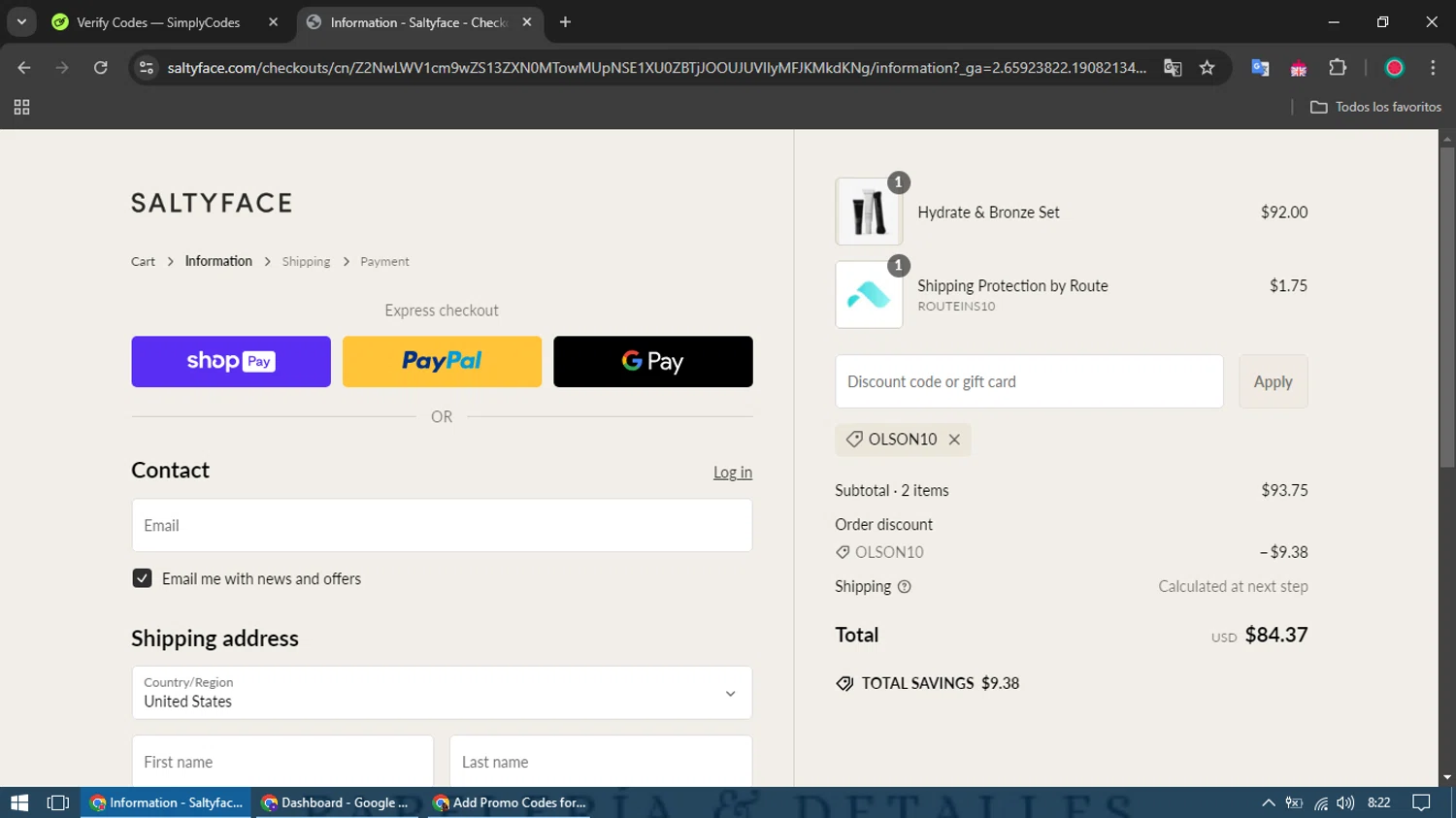 Saltyface discount code screenshot showing code OLSON10 applied at Saltyface checkout page. Uploaded by SimplyCodes community member bombom on Feb 20, 2025