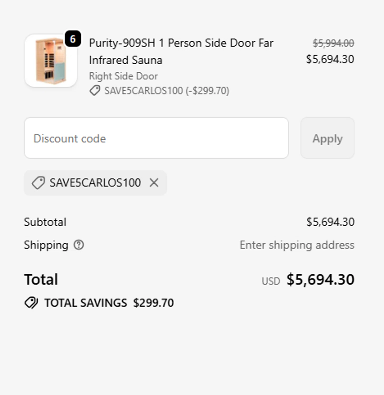 SalusHEAT discount code screenshot showing code SAVE5CARLOS100 applied at SalusHEAT checkout page. Uploaded by SimplyCodes community member IamJors on Dec 4, 2025
