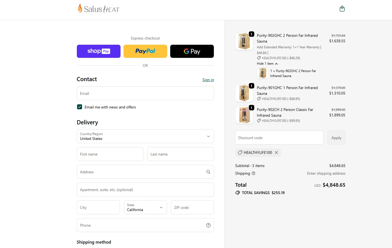 SalusHEAT discount code screenshot showing code HEALTHYLIFE100 applied at SalusHEAT checkout page. Uploaded by SimplyCodes community member jade5416625024720 on Jan 12, 2026