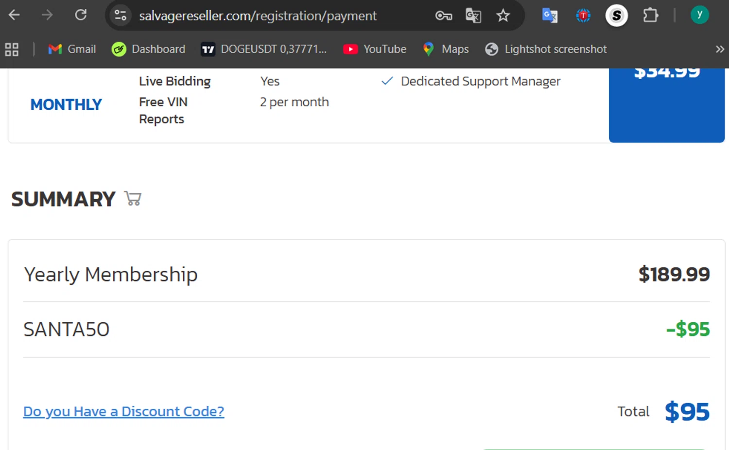 Salvage Reseller promo code screenshot showing code SANTA50 applied at Salvage Reseller checkout page. Uploaded by SimplyCodes community member 502312 on Dec 22, 2025
