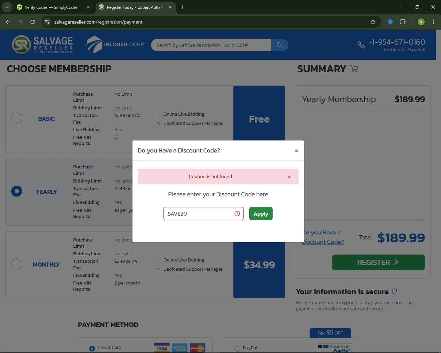 Salvage Reseller promo code screenshot showing code SAVE20 applied at Salvage Reseller checkout page. Uploaded by SimplyCodes community member MagnificentSaver708 on Apr 20, 2025