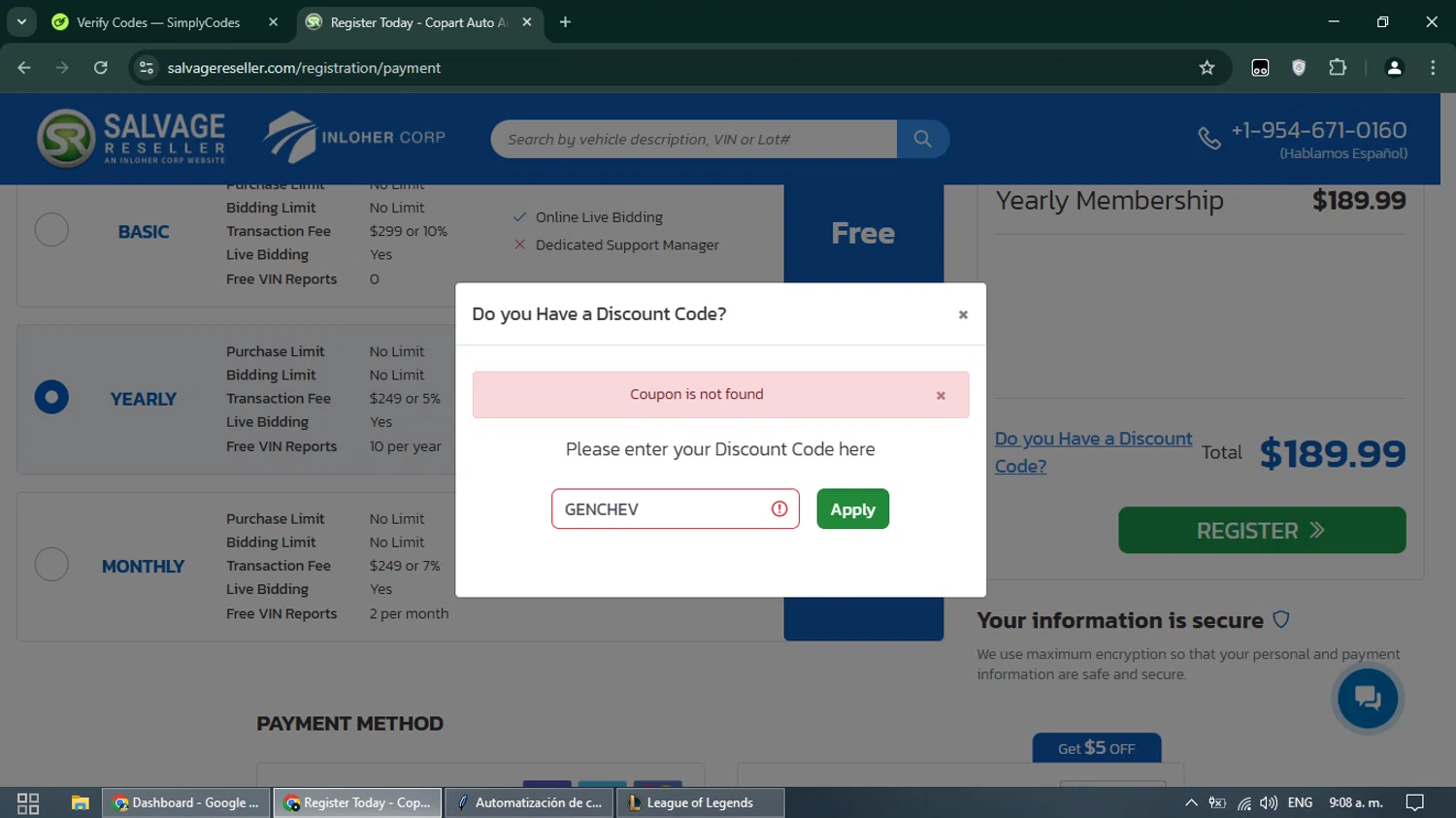 Salvage Reseller promo code screenshot showing code GENCHEV applied at Salvage Reseller checkout page. Uploaded by SimplyCodes community member Irelia on Mar 10, 2025