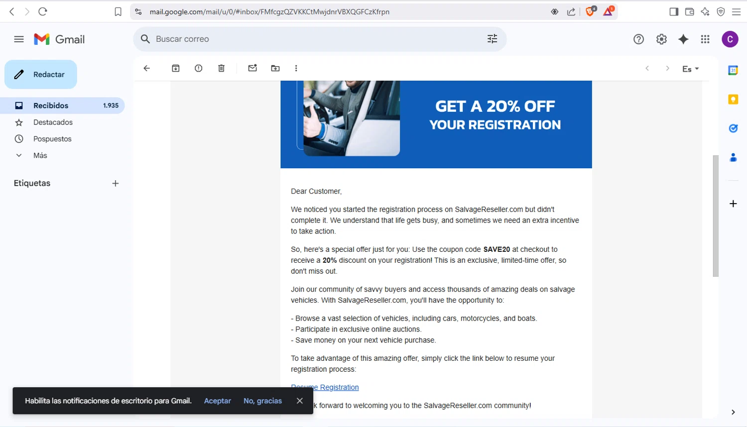 Salvage Reseller promo code screenshot showing code SAVE20 applied at Salvage Reseller checkout page. Uploaded by SimplyCodes community member crischidy25 on Apr 20, 2025