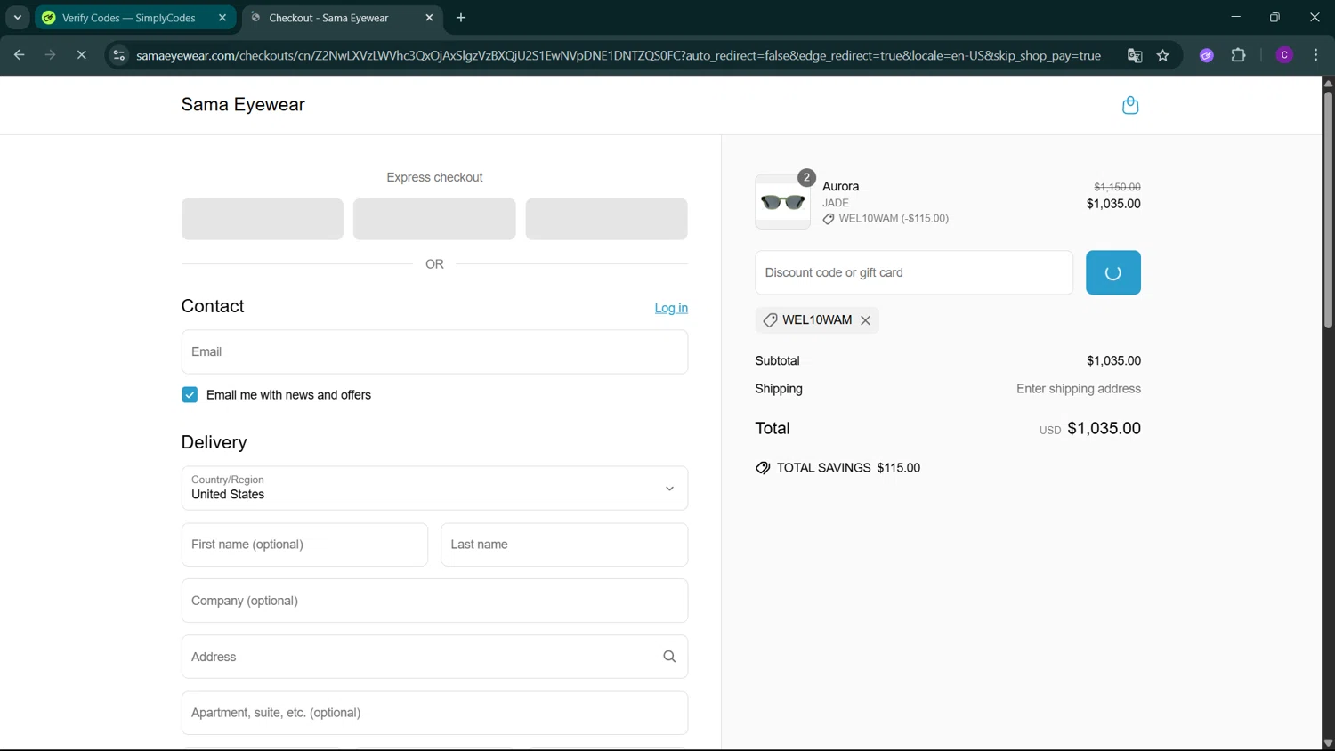 Sama Eyewear Shop promo code screenshot showing code WEL10WAM applied at Sama Eyewear Shop checkout page. Uploaded by SimplyCodes community member GoldSeeker3096 on Jun 7, 2025
